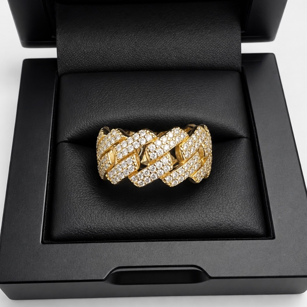 Gold Over 925 Sterling Silver 3.00CT MOISSANITE Cuban Link Men’s Ring Size 9